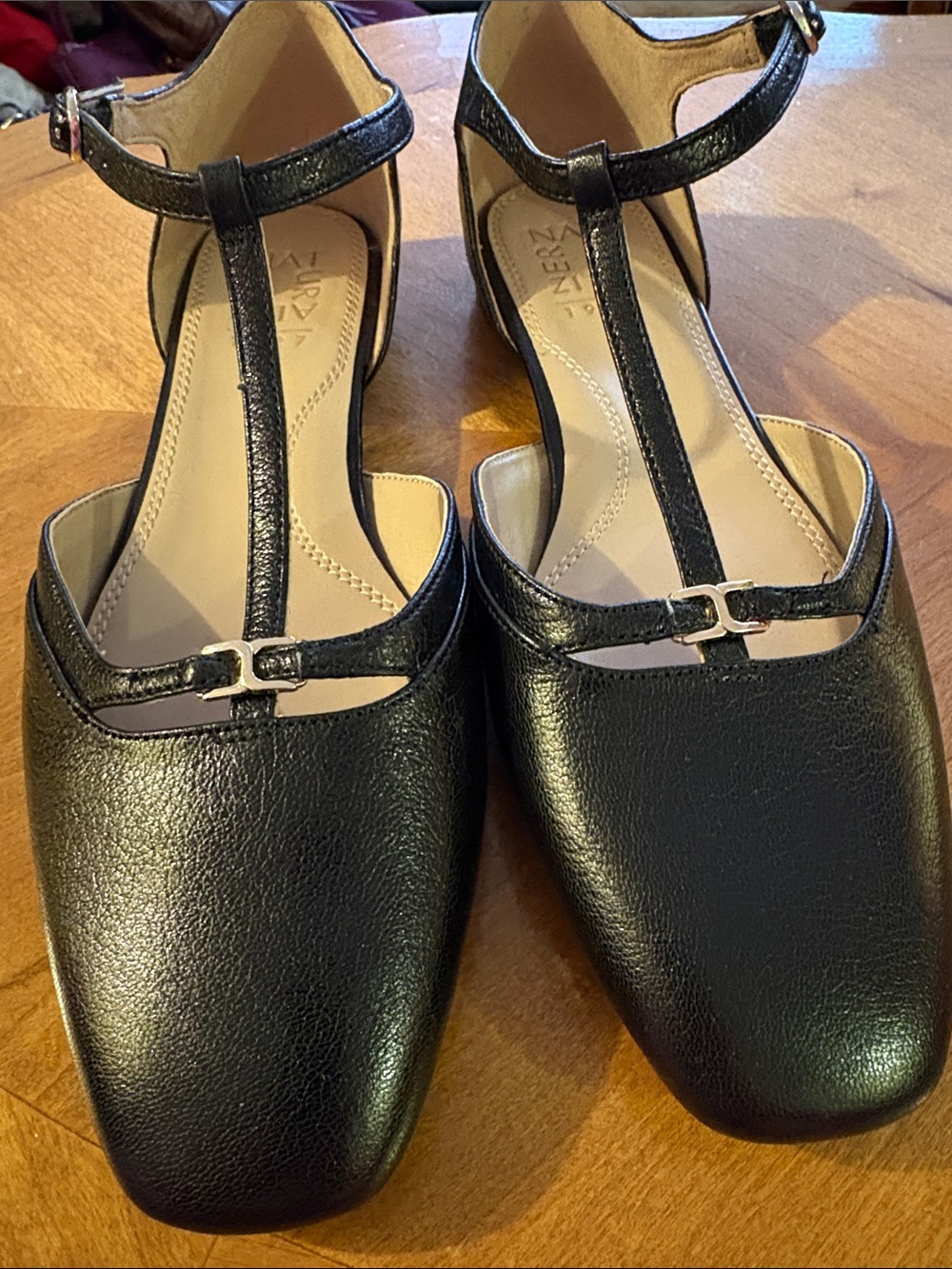 Naturalizer Black T-Strap Square-Toe Clogs with Buckle Accent